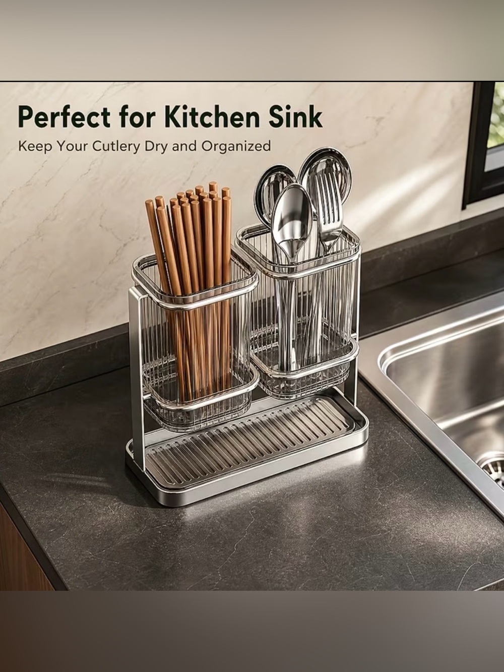 Silver Stainless Steel Countertop Cutlery and Utensil Drying Rack